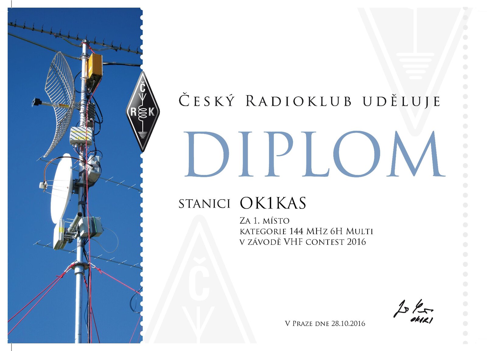 2016 Diplom OK1KAS VHF 144 MHz 6H