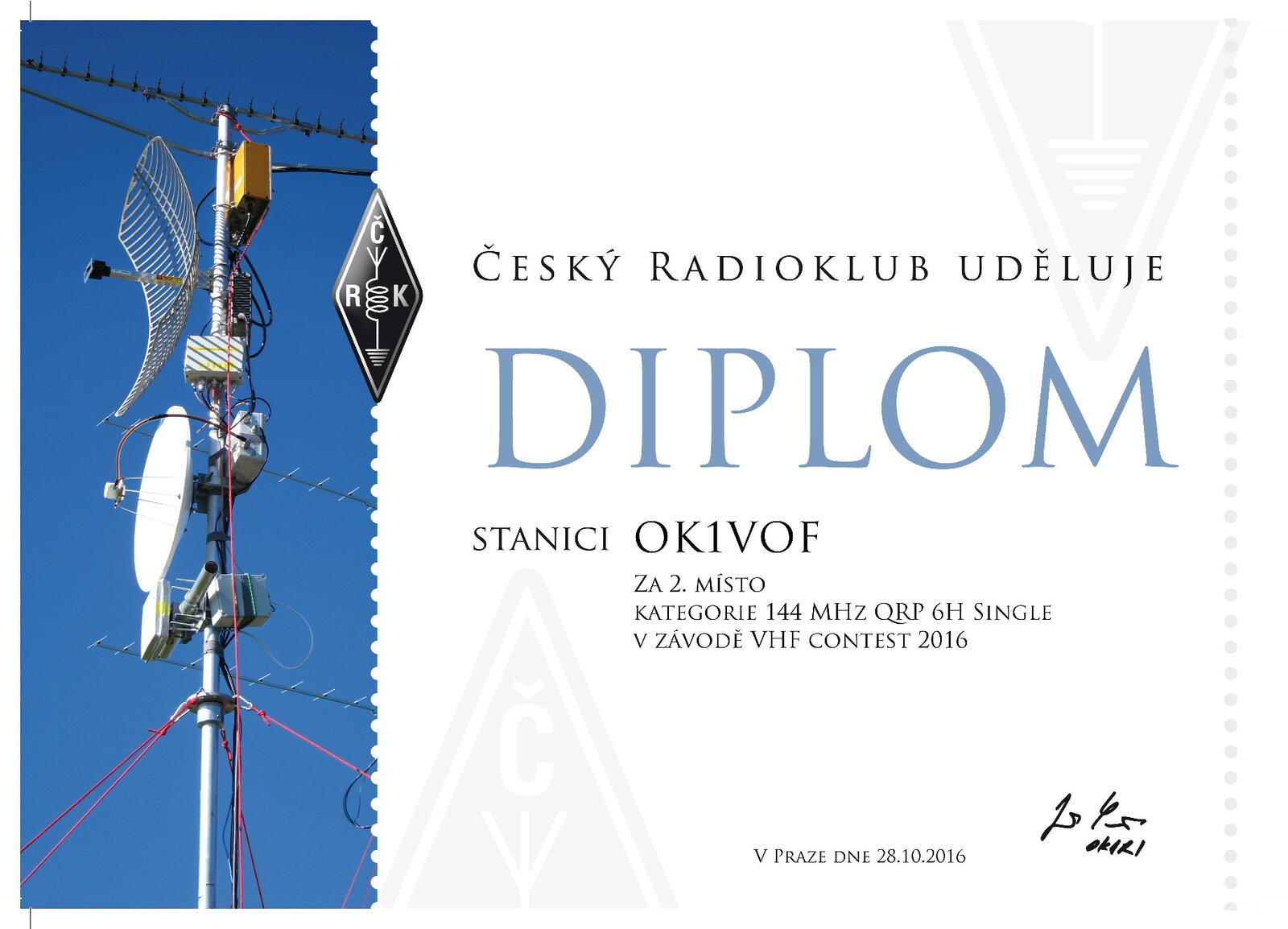 2016 Diplom OK1VOF VHF 144 MHz QRP 6H